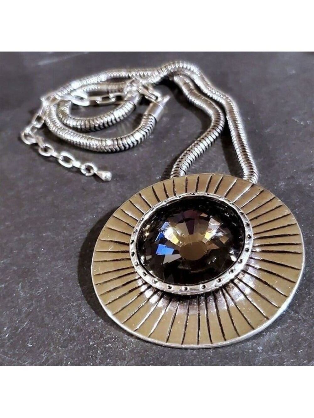 Smoke Gray Czech Crystal Stone Mid Century Style Round Silver Necklace